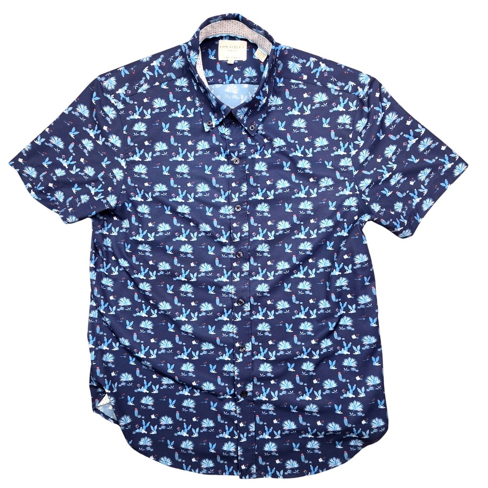 Cactus Print Short Sleeve Button Down Shirt Navy Blue L CON.STRUCT Mens Slim Fit